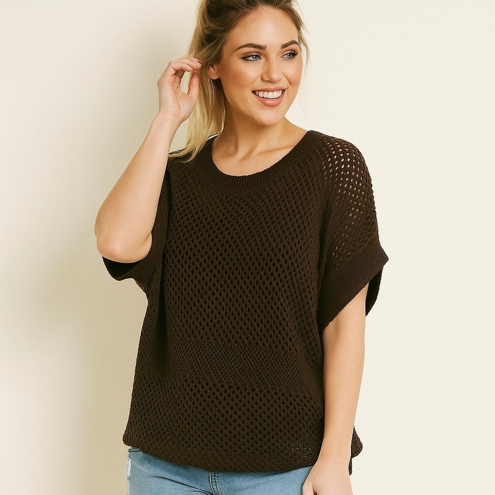 The Limited Brown Short Sleeve Scoop Neck Loose Knit Metallic Crochet Shirt Top